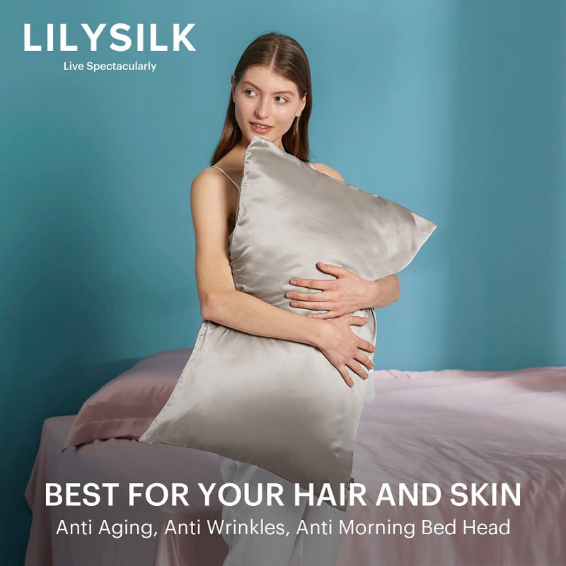 LilySilk غطاء وسادة حرير LILYSILK للشعر والبشرة - 100% حرير توت 19 موم ، غطاء وسادة سرير حرير من الجانبين مع سحاب مخفي ، 1 قطعة (حجم كوين 20''x30'' ، رمادي فضي) - Image 5